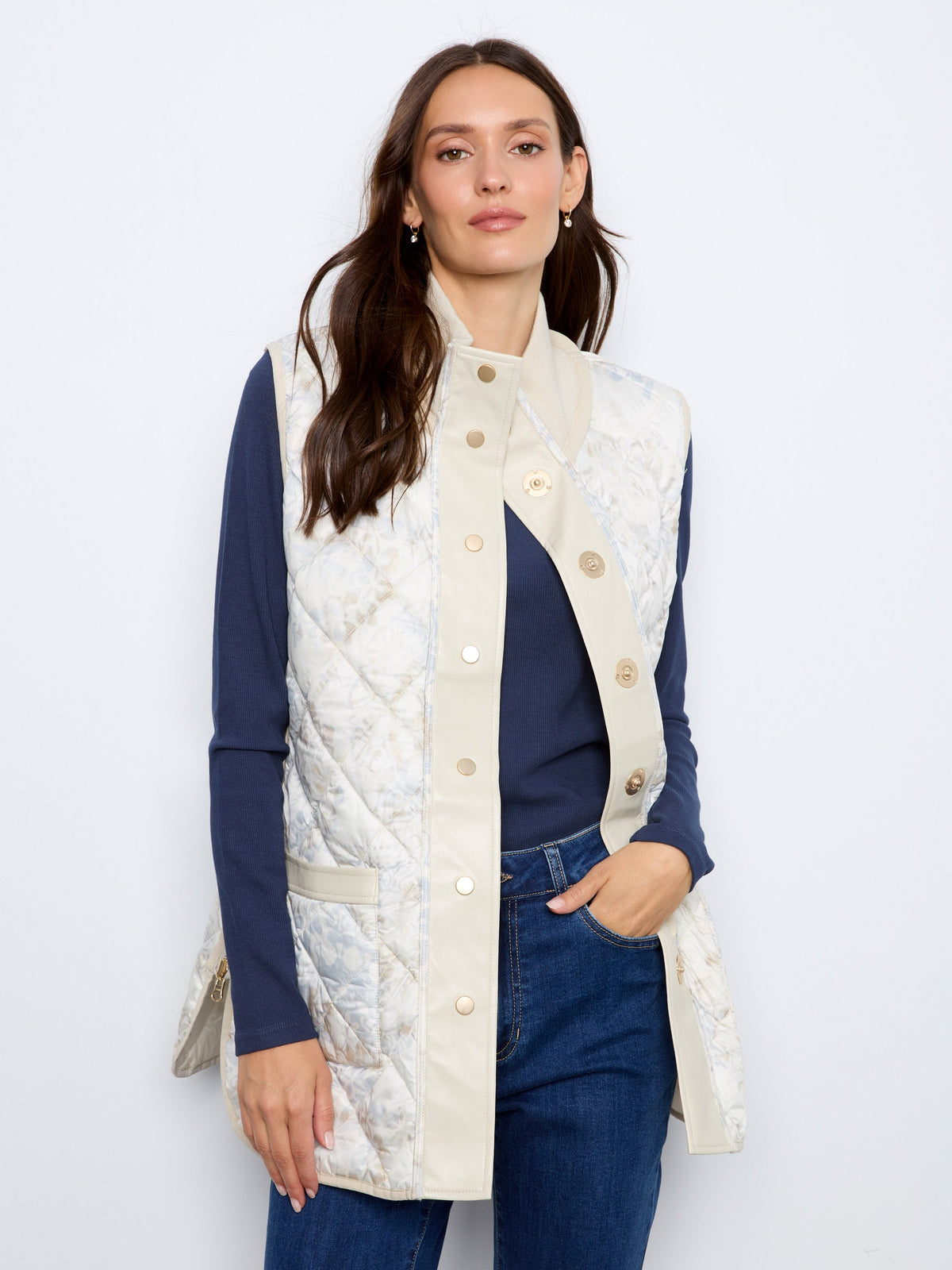 Irridescent Printed Reversible Quilted Vest - Pearl