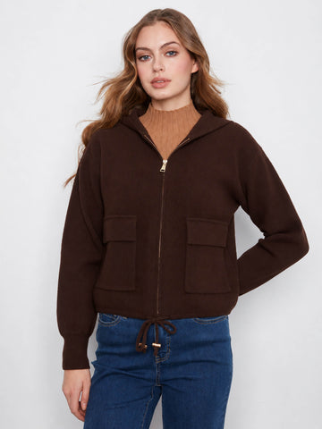Zip-Front Knit Hooded Jacket - Coffee