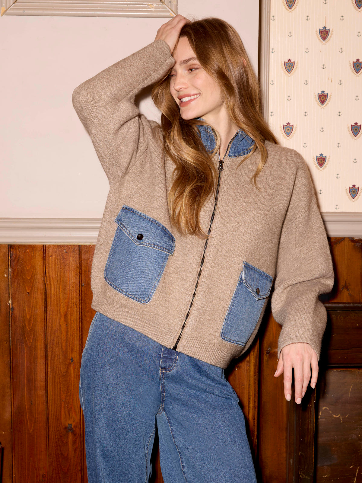 Denim Detail Sweater Jacket - Heather Sand