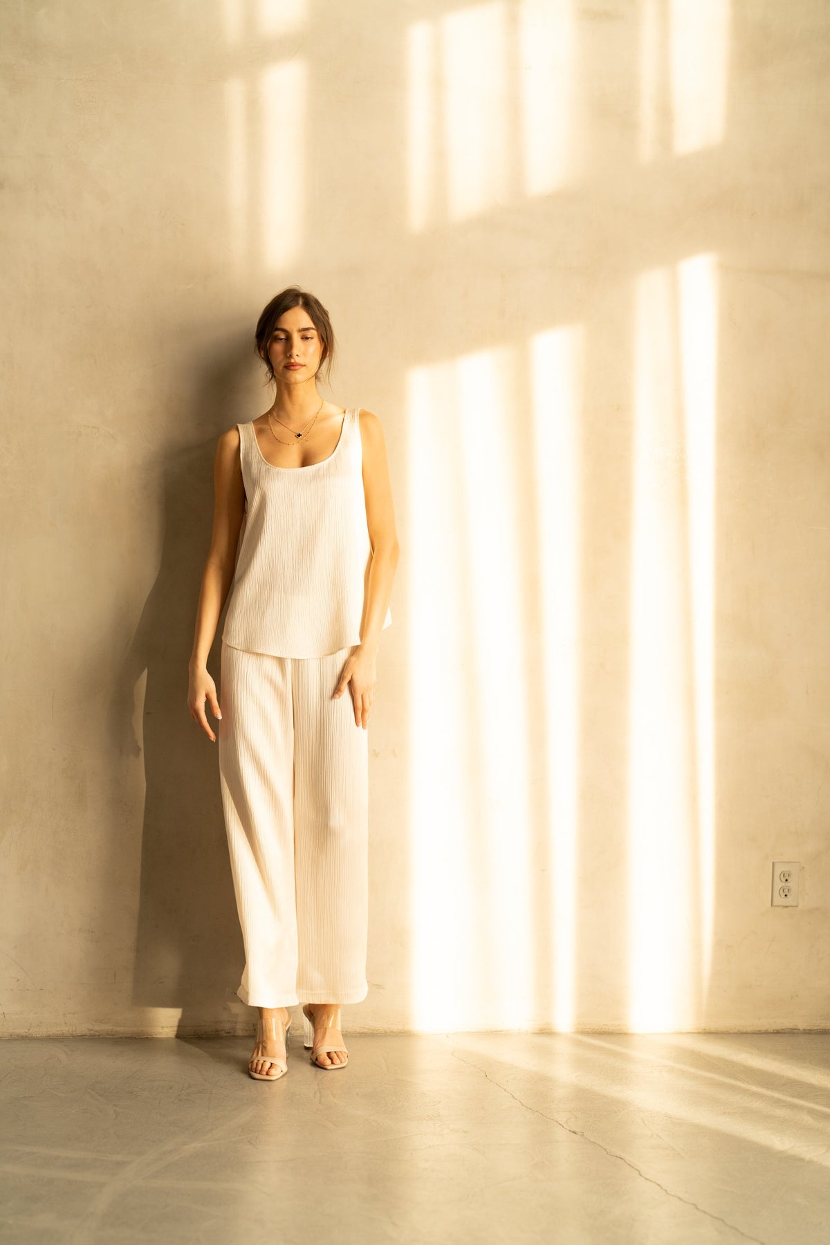 CRINKLE ACETATE MID WIDE LEG PANTS