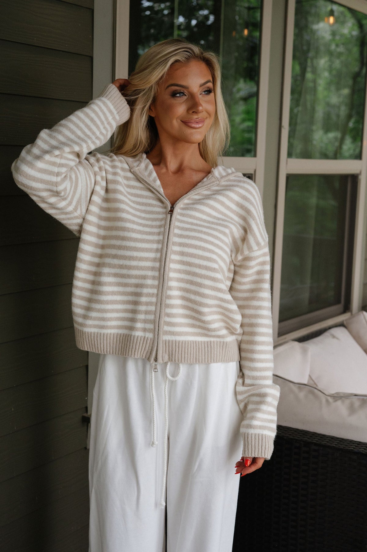 Callie Striped Hoodie-Latte