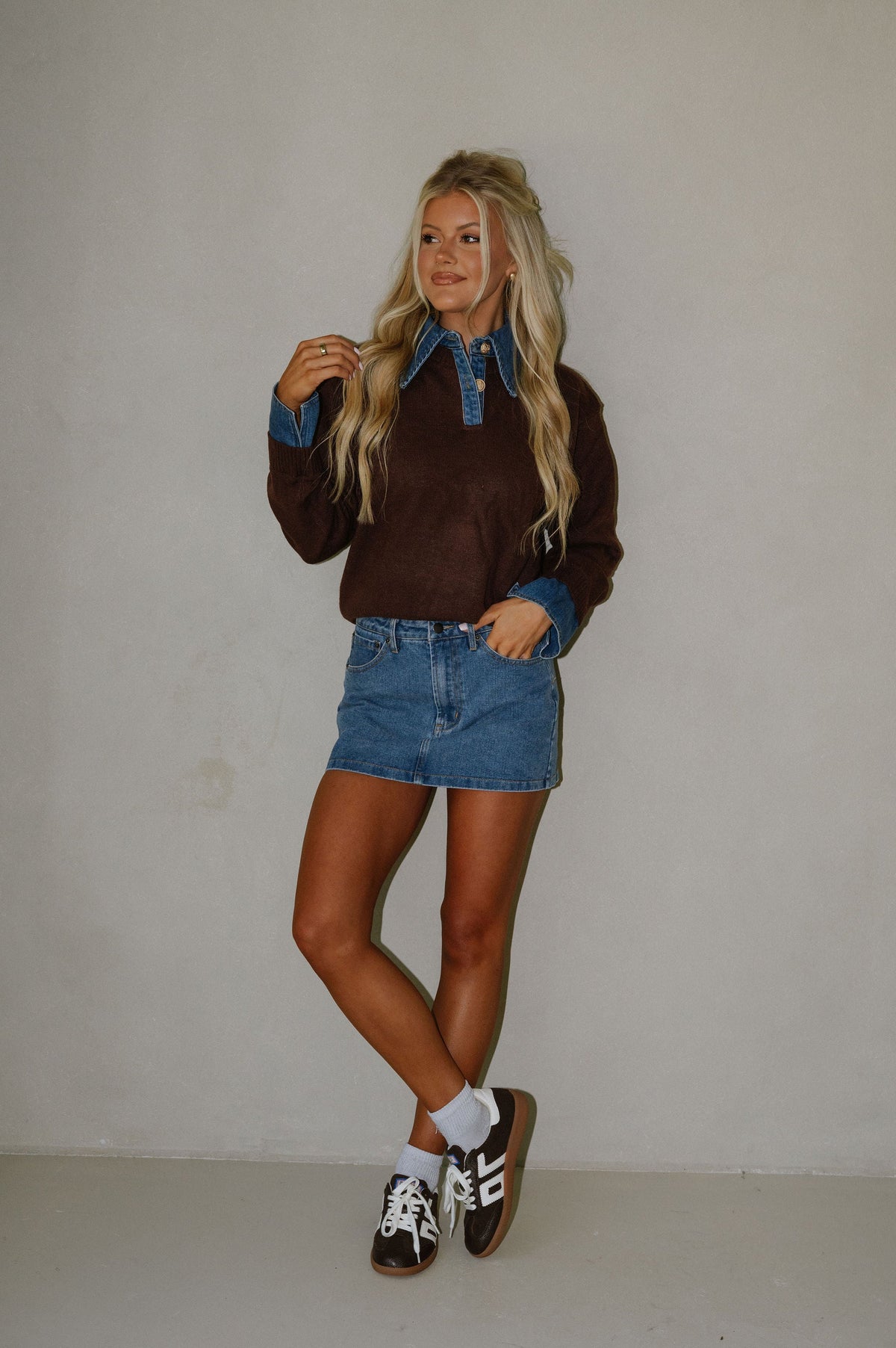 Denim Knit Top-Brown