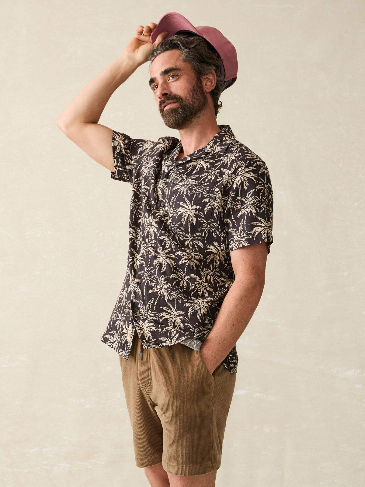Short-Sleeve Hemp Blend Camp Shirt - Charcoal Tropic Trees