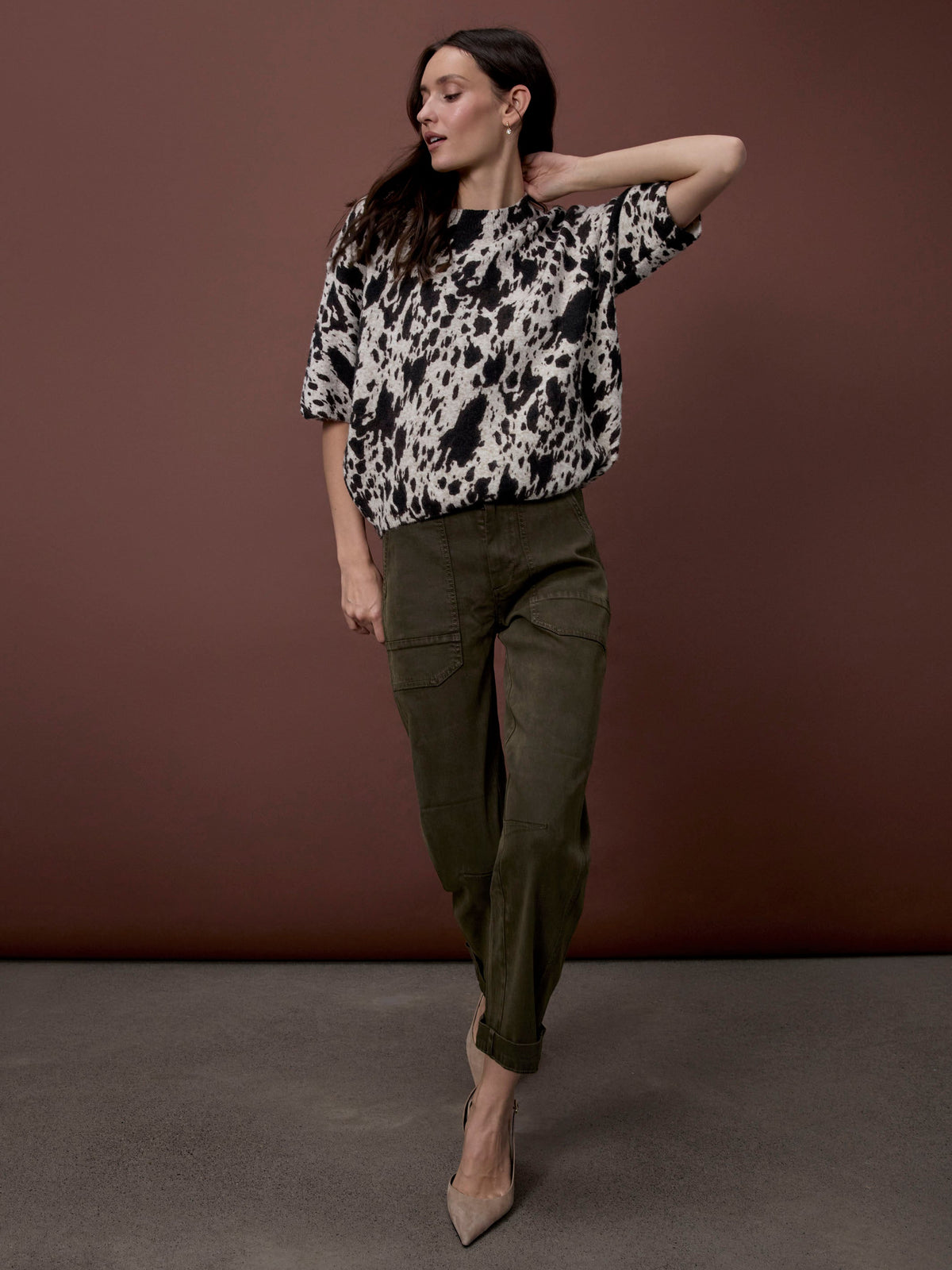 Cropped Barrel Leg Twill Pants - Olive