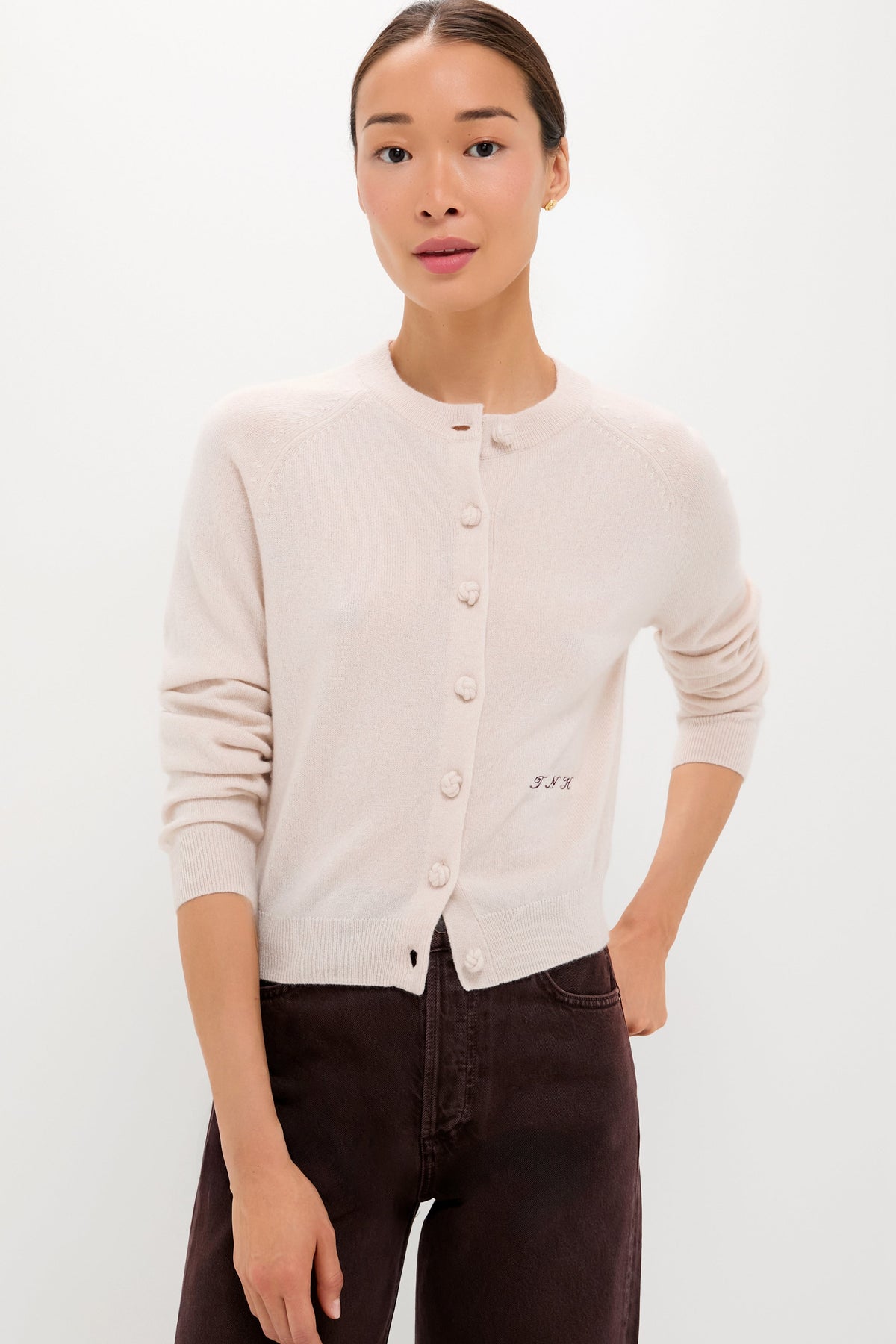 Lightweight Sandstone Cashmere Knot Button Cardigan