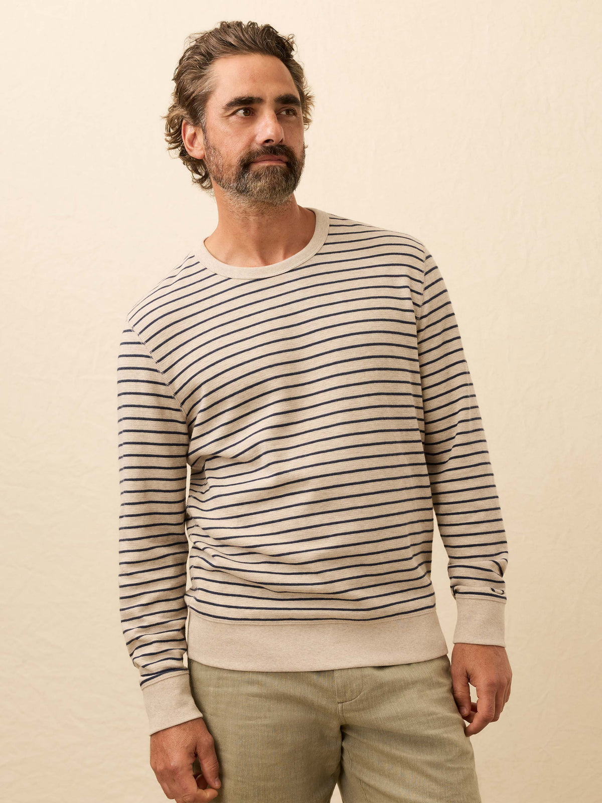 Double Knit Crewneck - Oat Navy Stripe
