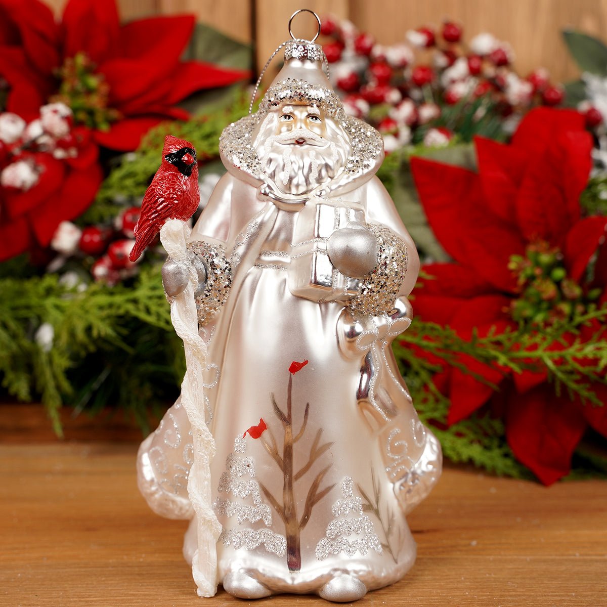 Glass Silver Santa With Cardinal Ornament