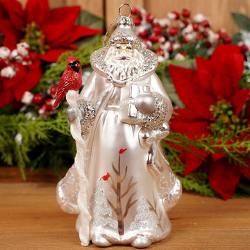 Glass Silver Santa With Cardinal Ornament