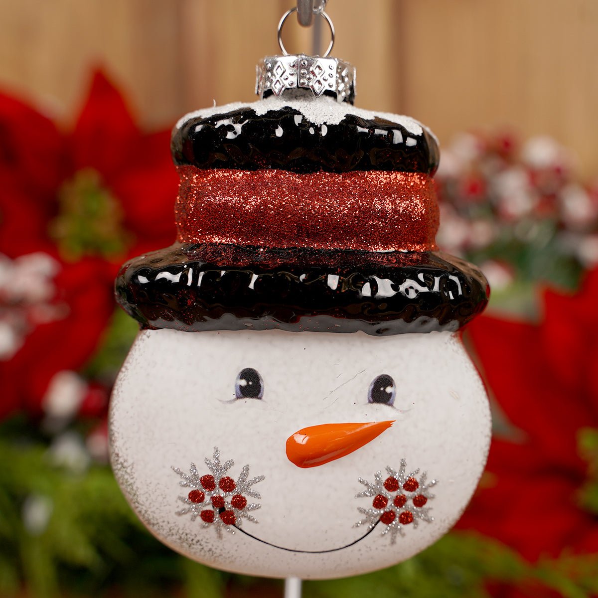Glass Black Hat Snowman Face Ornament