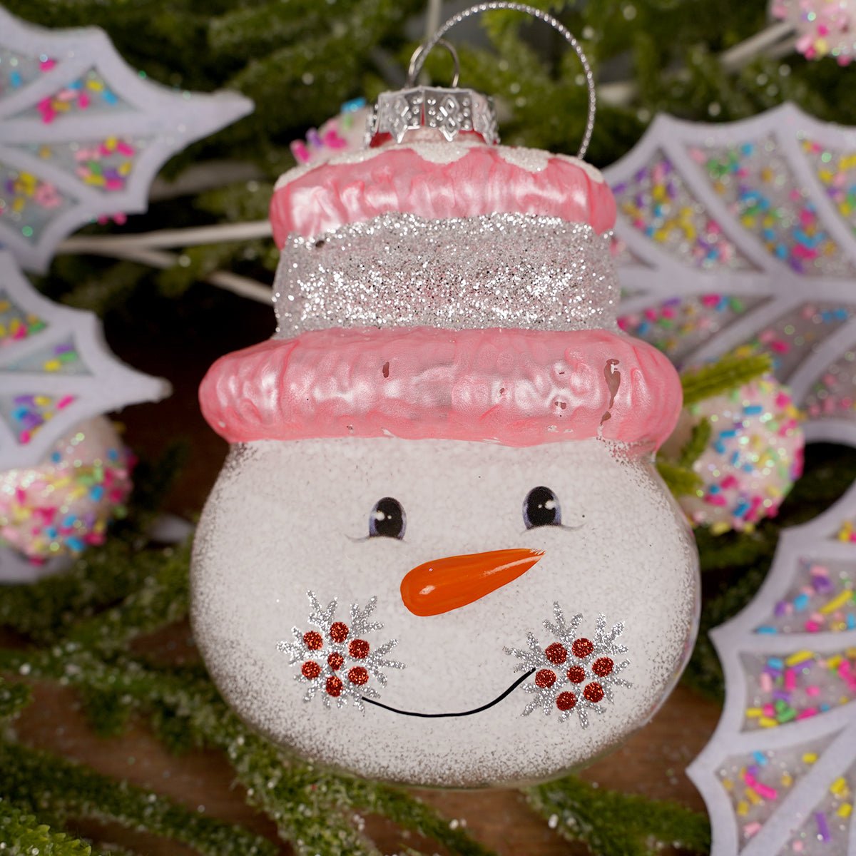 Glass Pink Hat Snowman Face Ornament