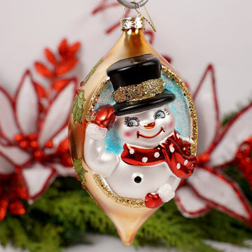 Glass Black Top Hat Snowman Gold Finial Ornament