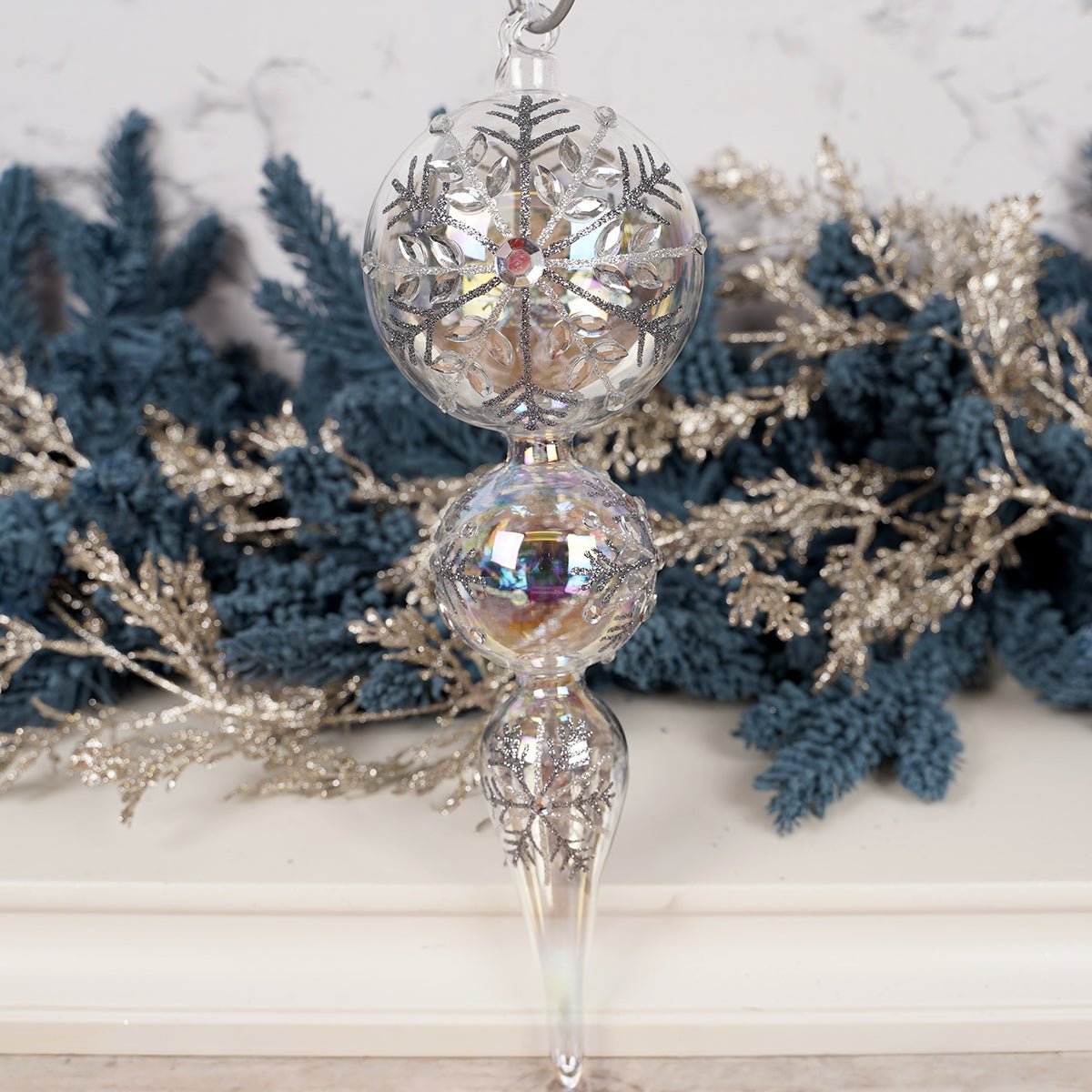 12Inch Glass Silver Clear Finial Ornament