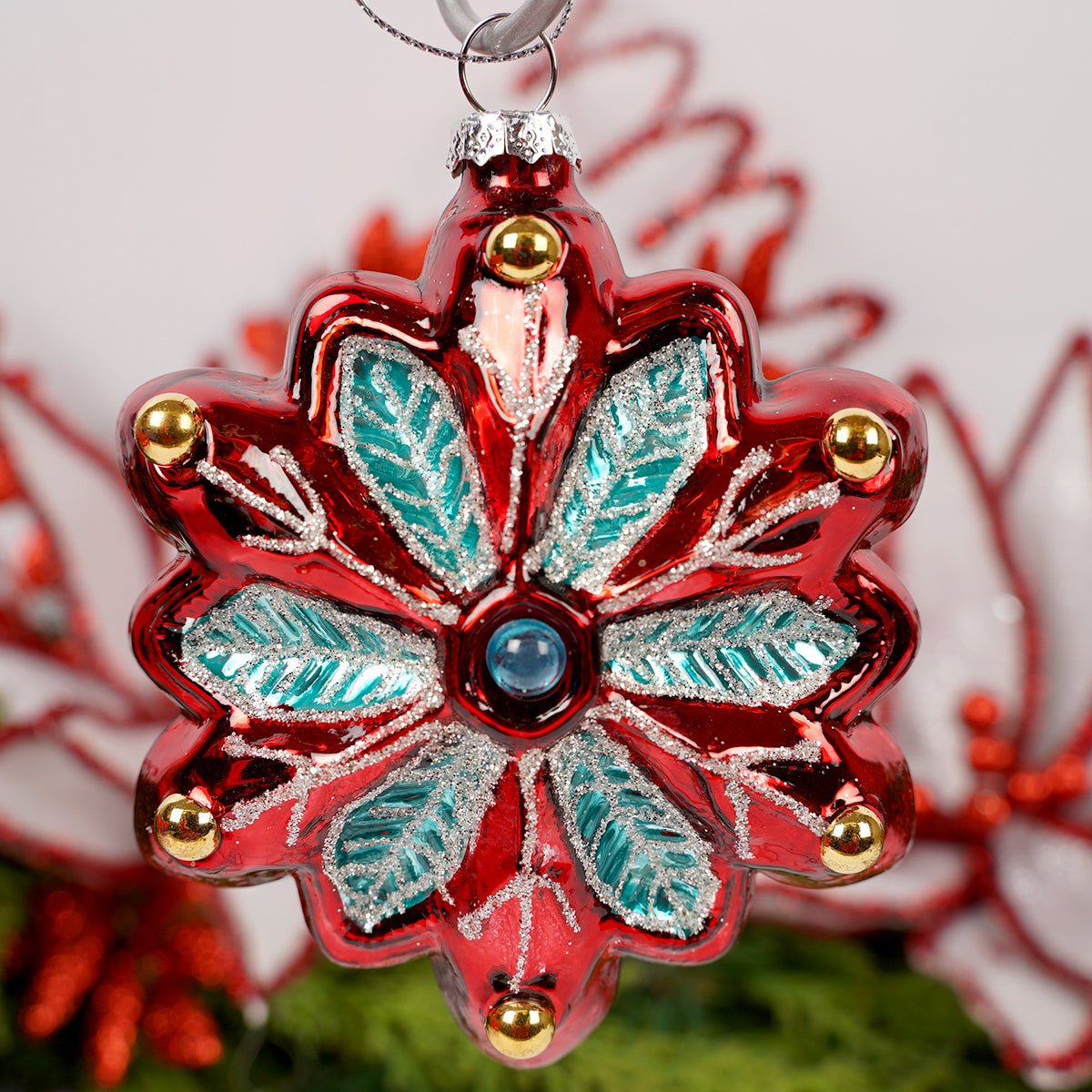 Glass Red Green Jewel Snowflake Ornament