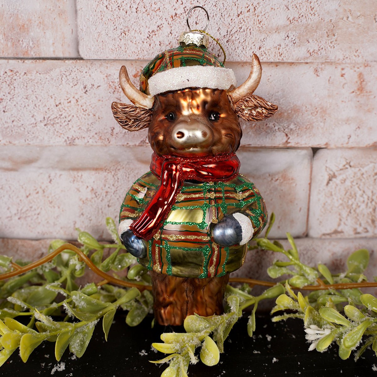 Plaid Glass Cow Christmas Ornament