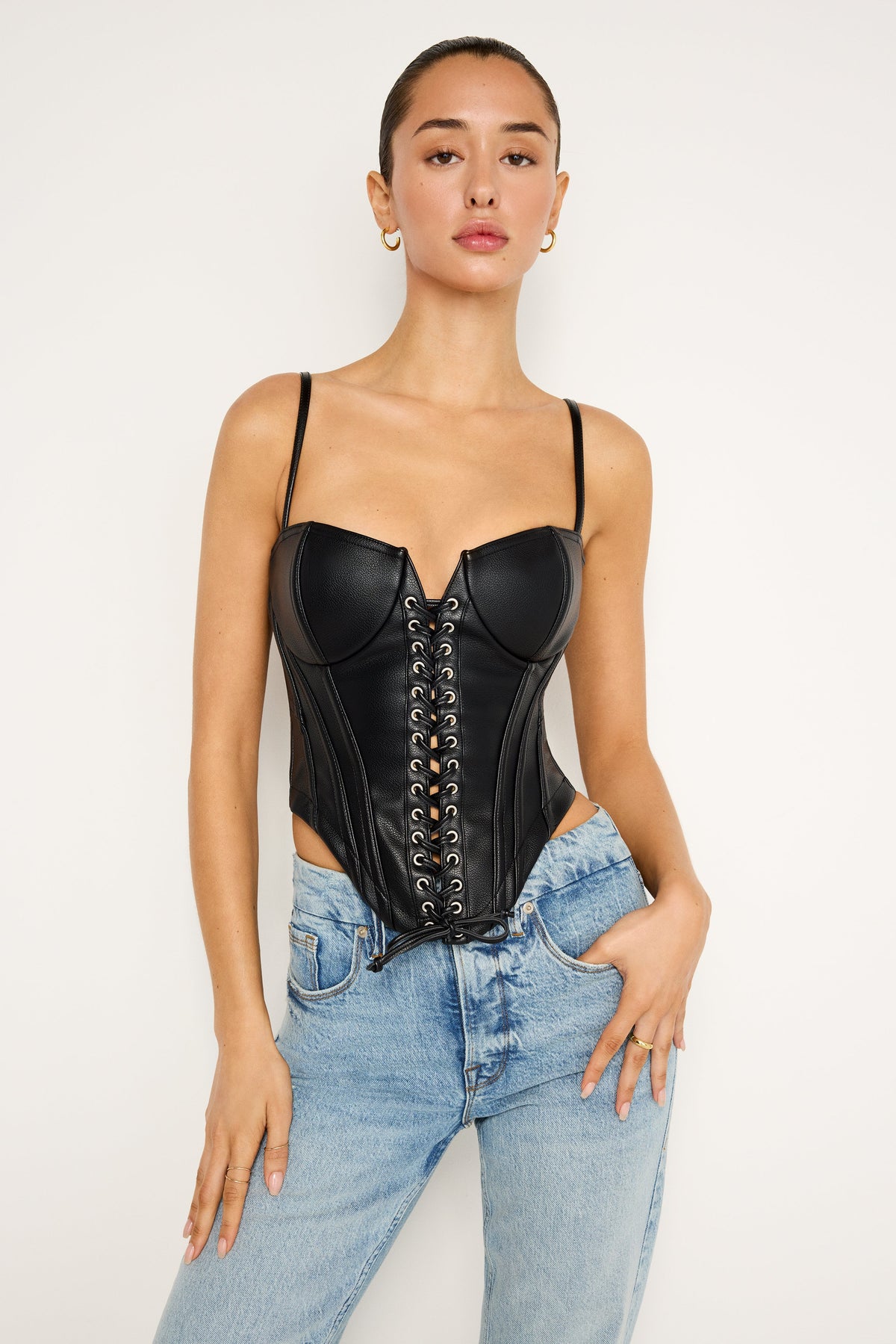 FAUX LEATHER LACE UP BUSTIER | BLACK001