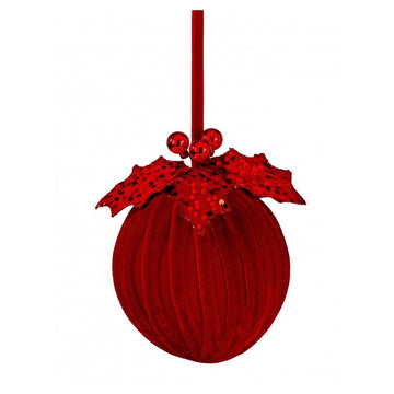 6IN RED VELVET SEQUIN BALL WITH HOLLY ORNAMENT