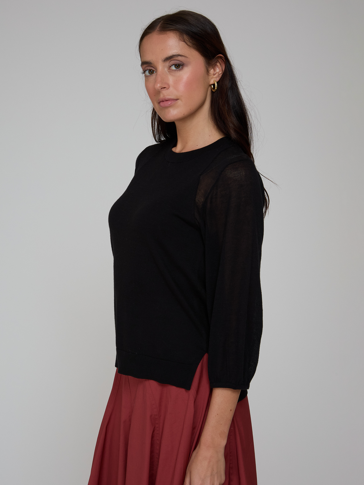Hi Lo Crew W/ Sheer Puff Sleeves in Black