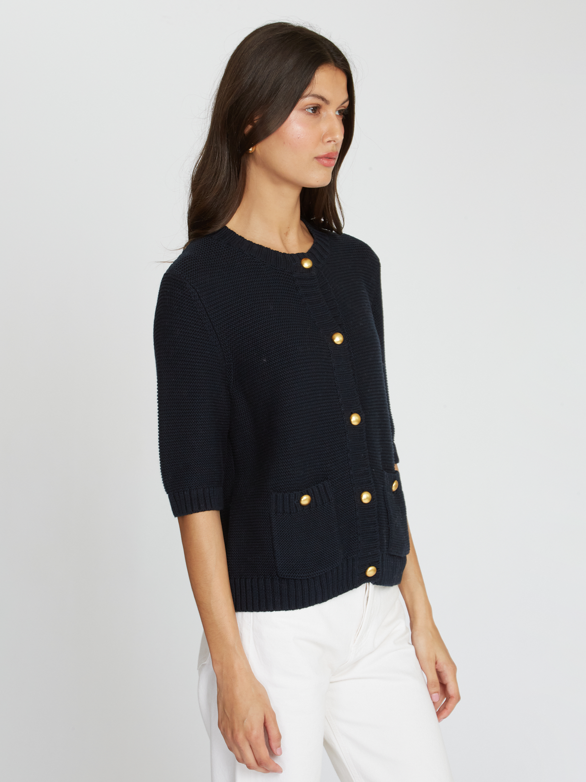 Button Front Elbow Sleeve Jacket W/ Pockets in Navy