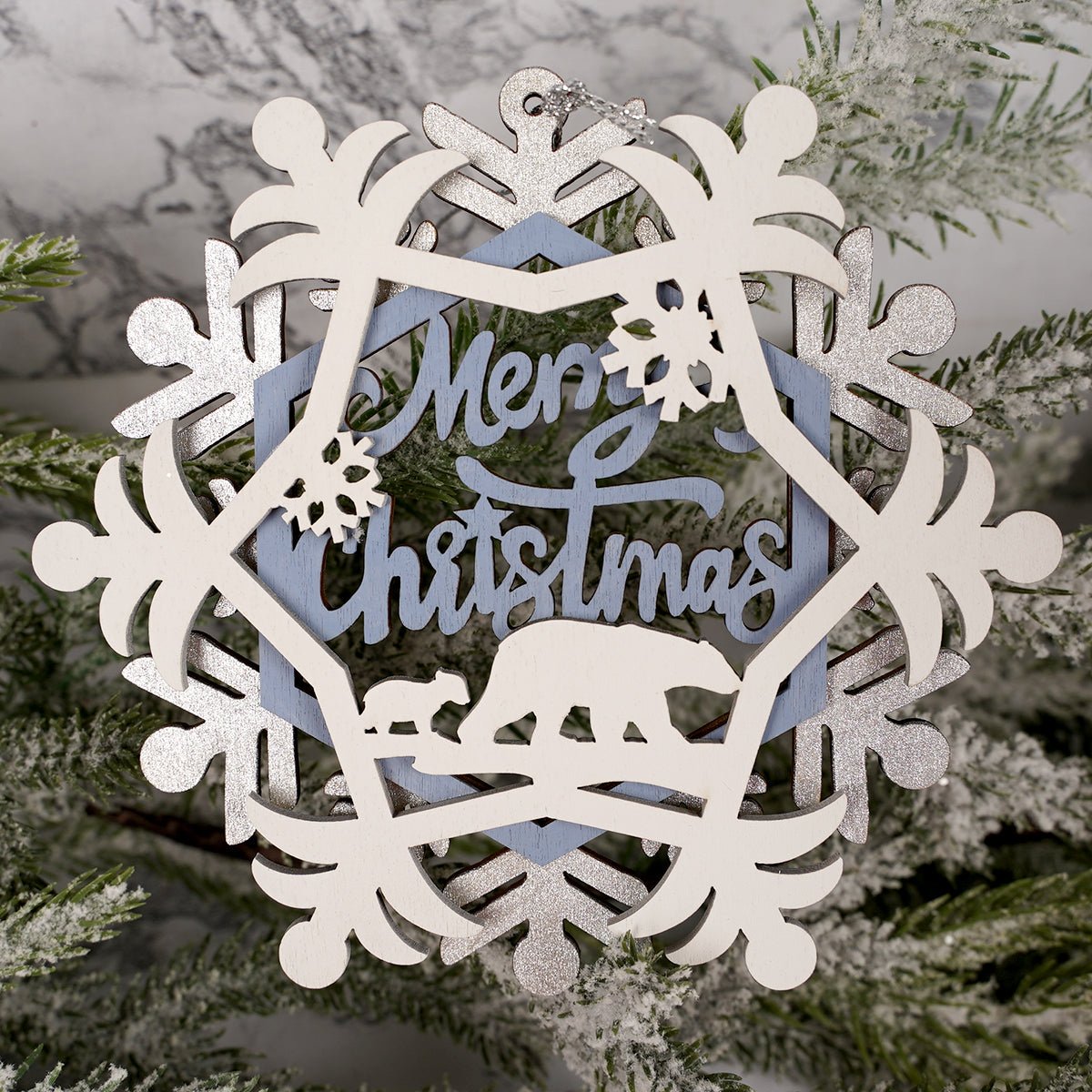 Blue White Wood Snowflake Ornament
