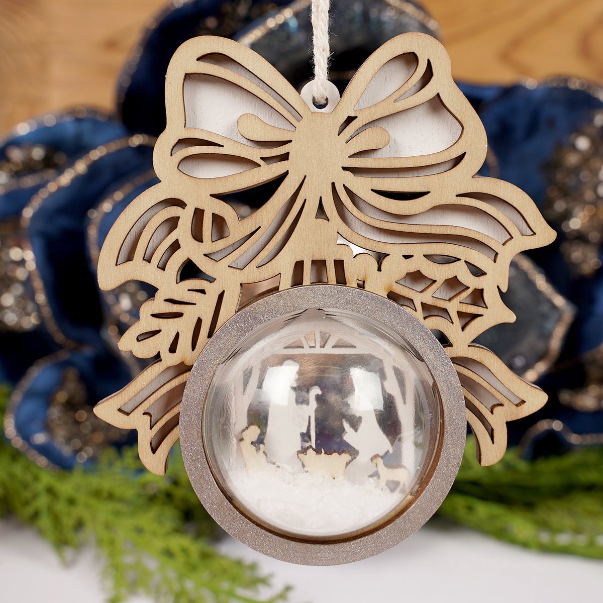 Wood Bow Holy Family Christmas Ornament
