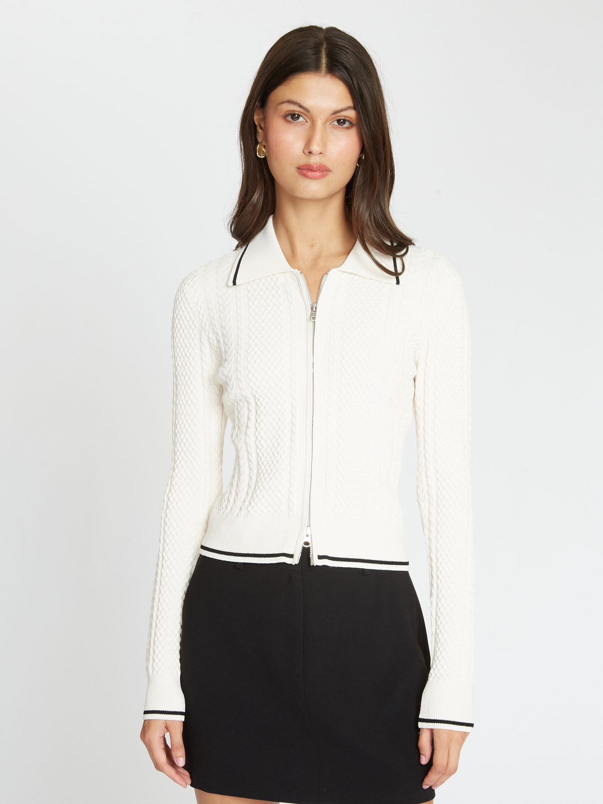 Cable Zip Front Collared Jacket in Sand/Black