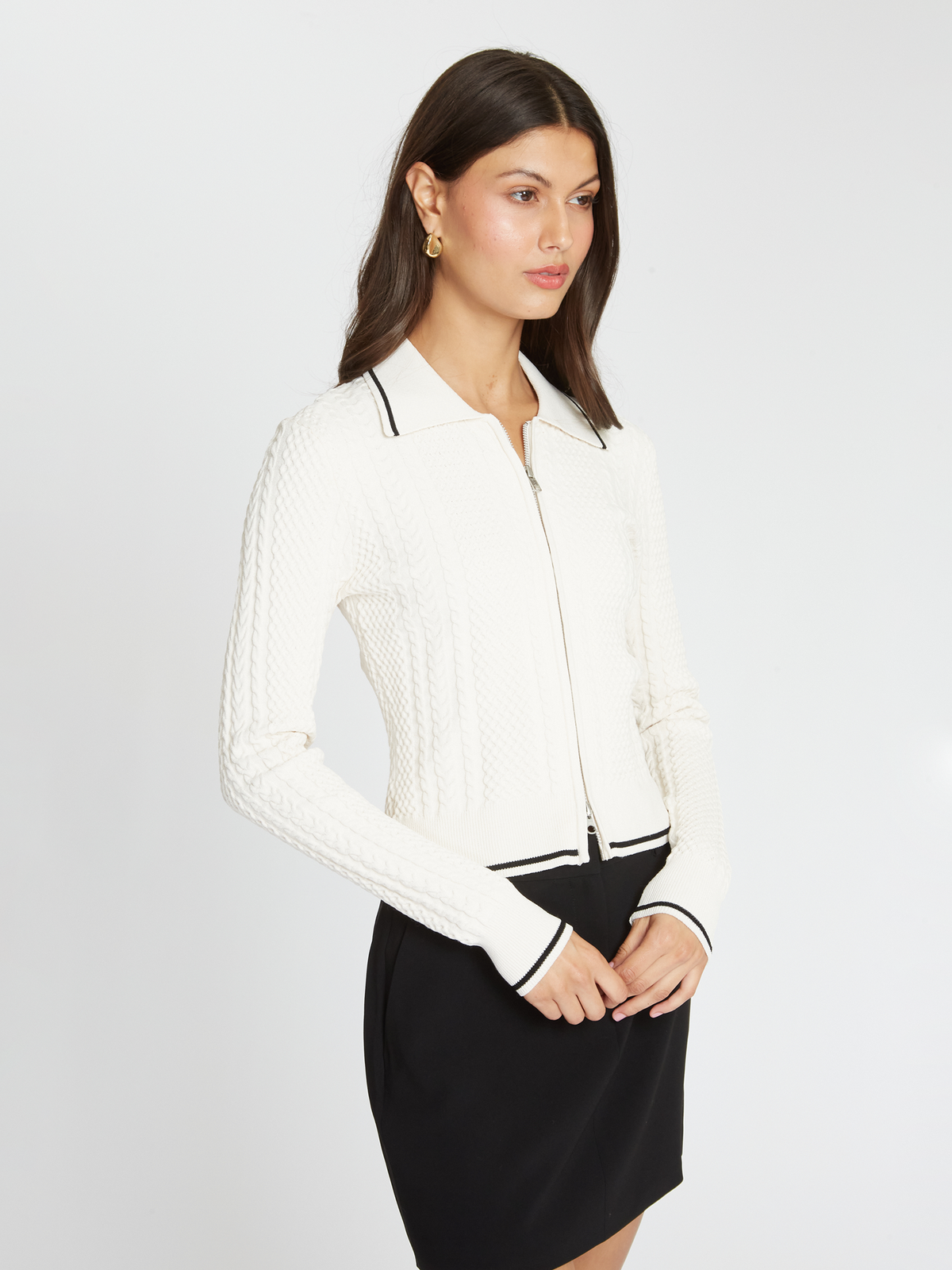Cable Zip Front Collared Jacket in Sand/Black