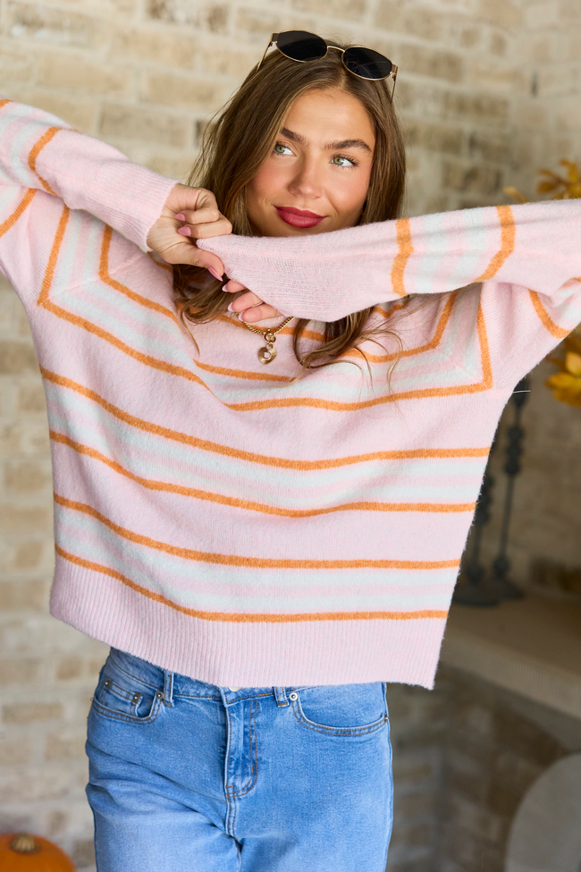 Color Me Cozy Pink Orange Striped Crew Neck Sweater