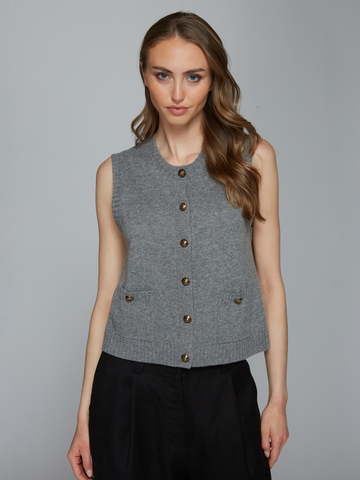 Button Front Vest w/ Pockets in Cement