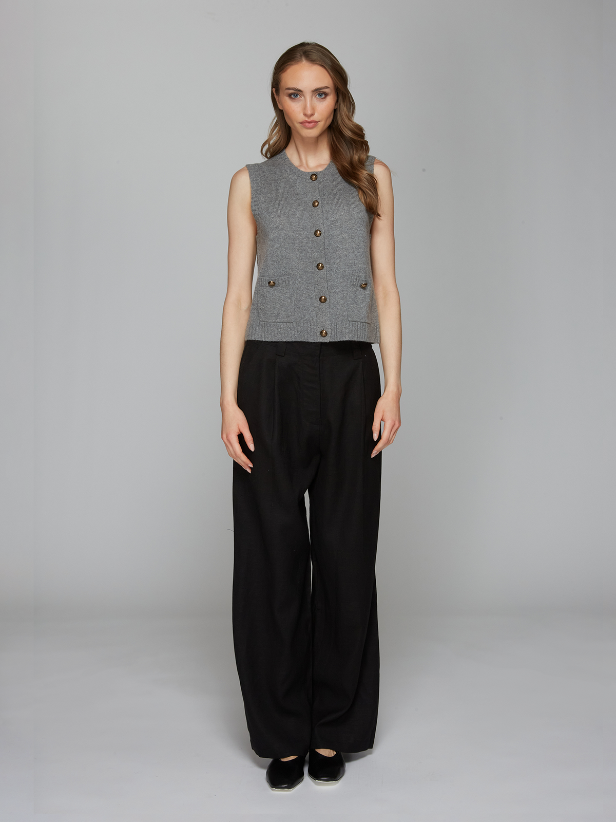 Button Front Vest w/ Pockets in Cement