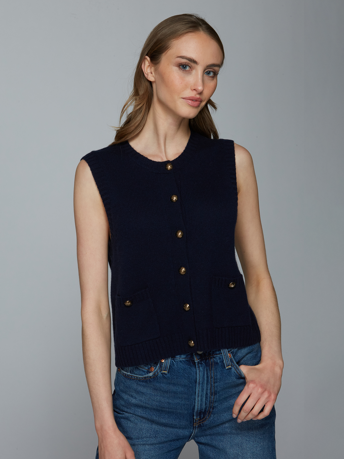 Button Front Vest w/ Pockets in Navy