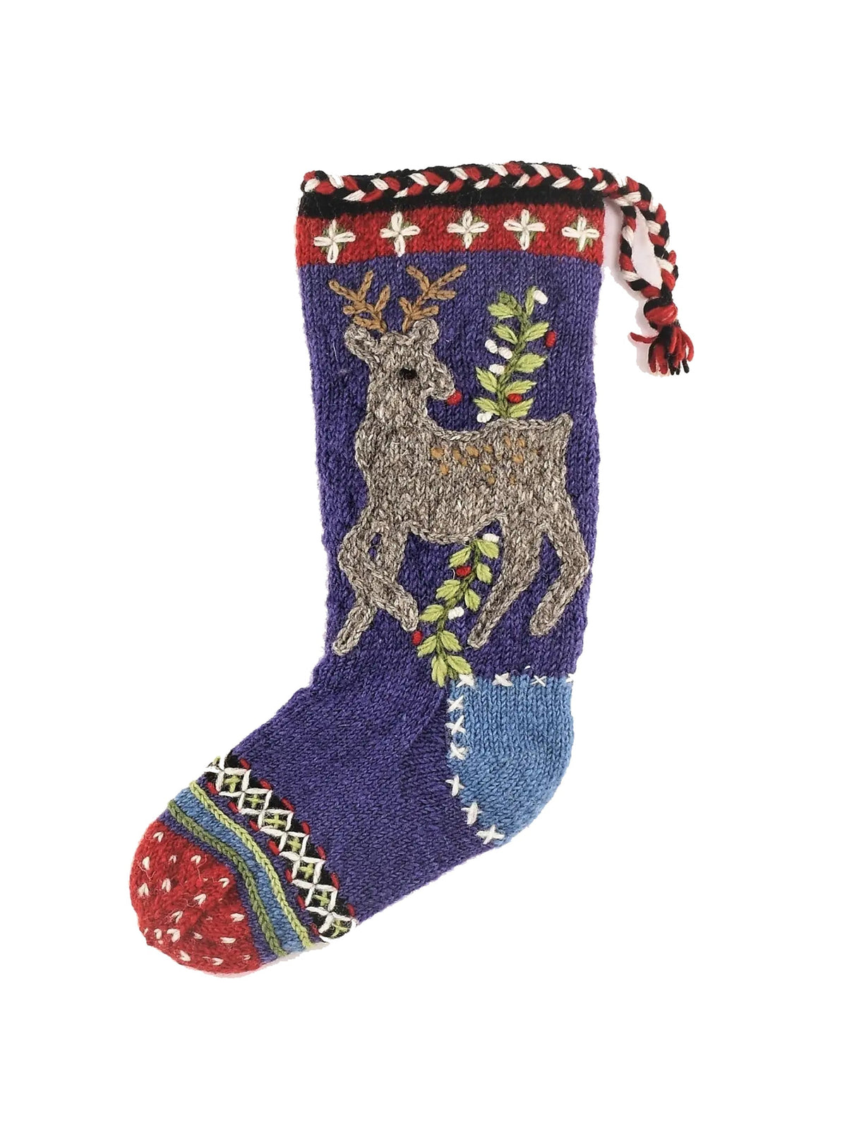 Rudolph With Holly Wool Knit Christmas Stocking