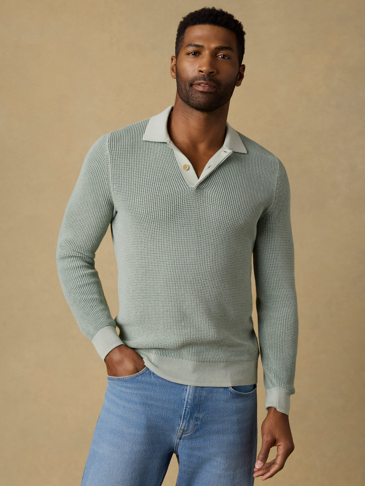 Long-Sleeve Sunwashed Sweater Polo - Sea Break