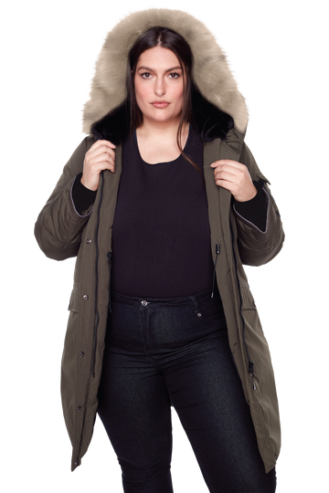 LAURENTIAN PLUS | WOMEN'S VEGAN DOWN (RECYCLED) LONG PARKA, OLIVE (PLUS SIZE)