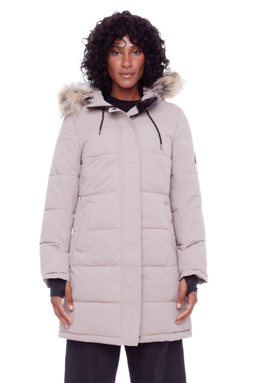 AULAVIK | WOMEN'S VEGAN DOWN (RECYCLED) MID-LENGTH HOODED PARKA COAT, LIGHT TAUPE