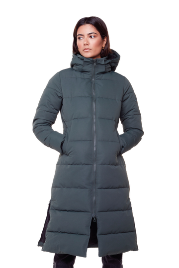 KLUANE | WOMEN'S VEGAN DOWN (RECYCLED) ULTRA LONG LENGTH PARKA, FOREST GREEN