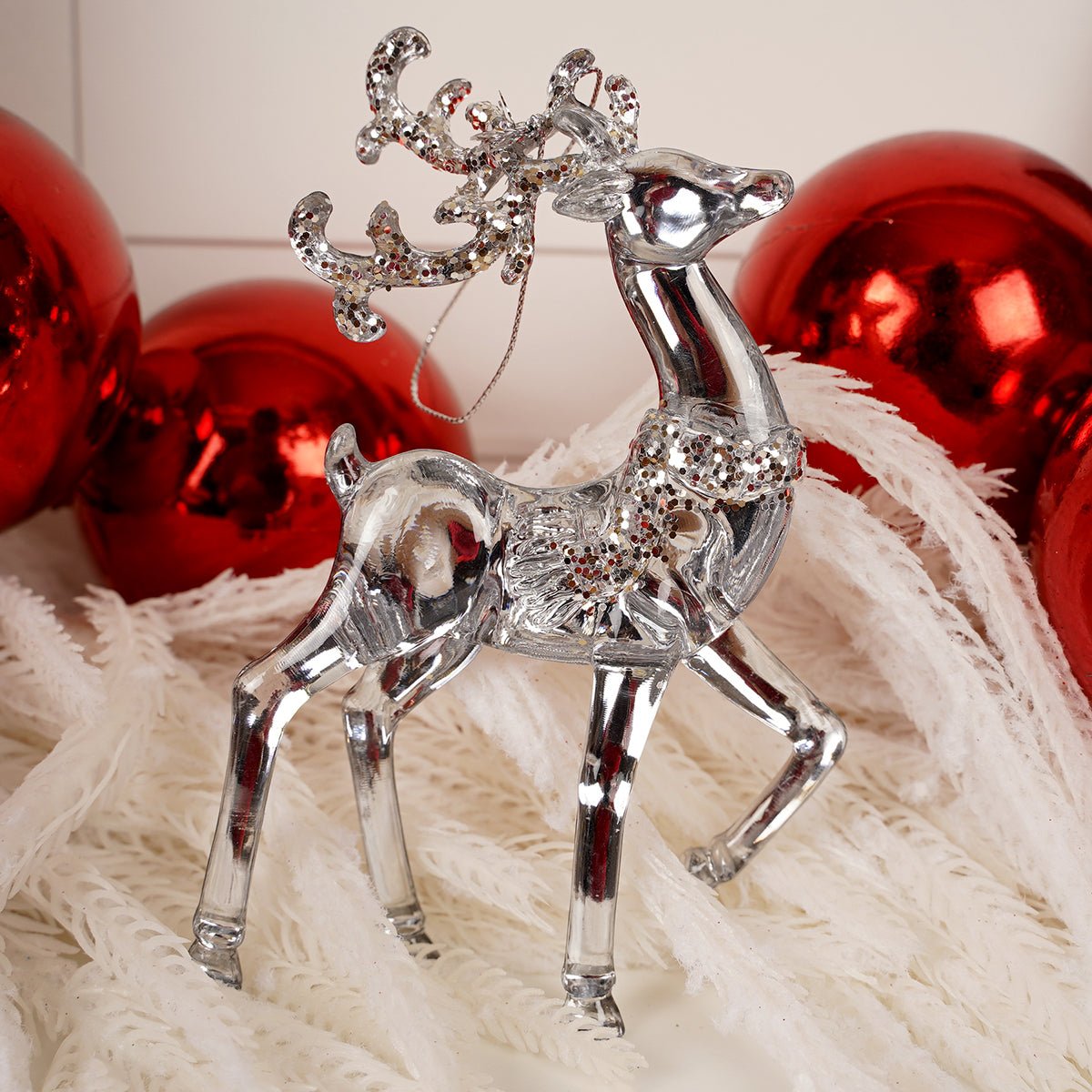 Clear Silver Glitter Deer Ornament