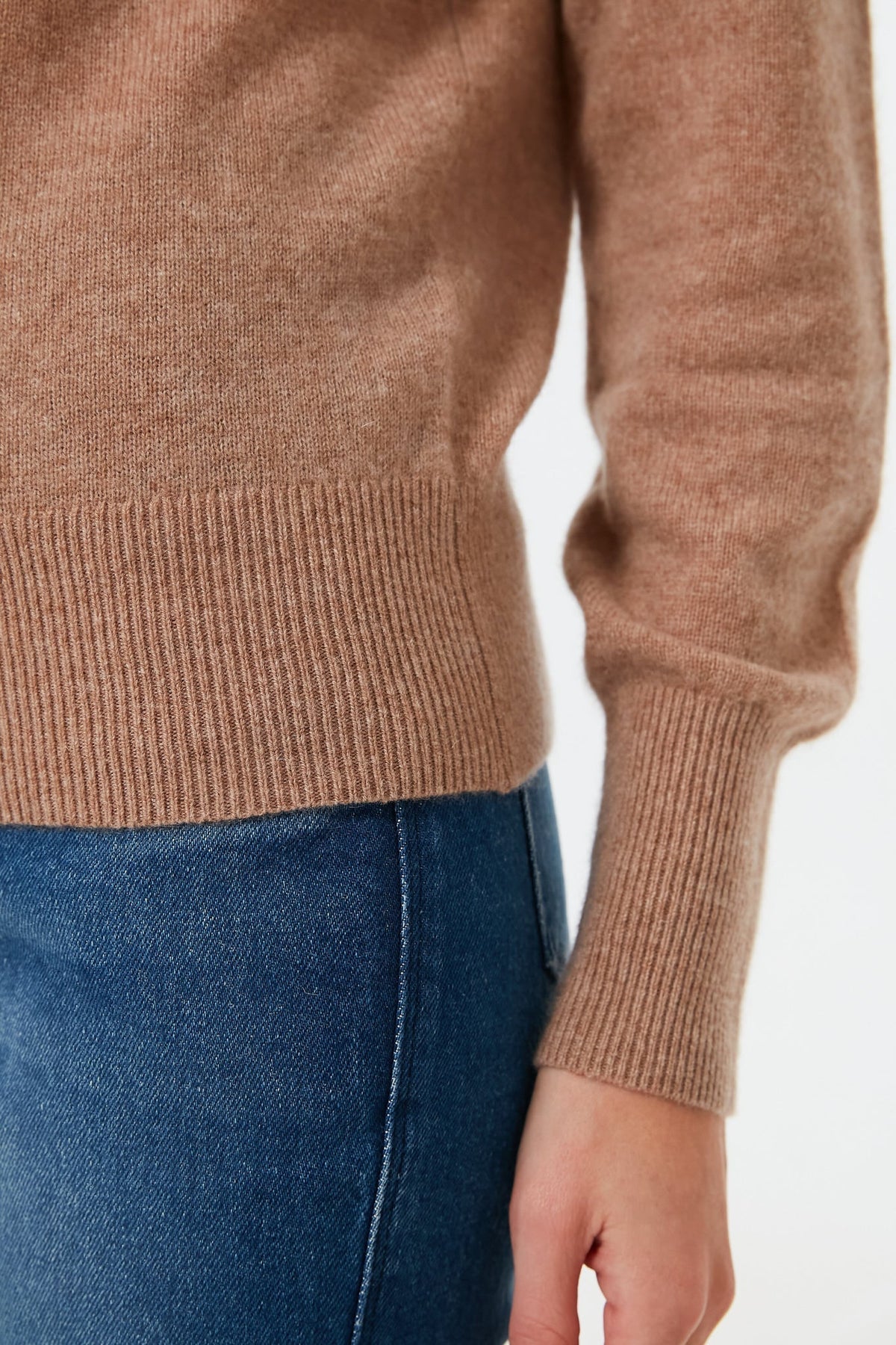 Camel Heather Ribbed Trim Cashmere Turtleneck