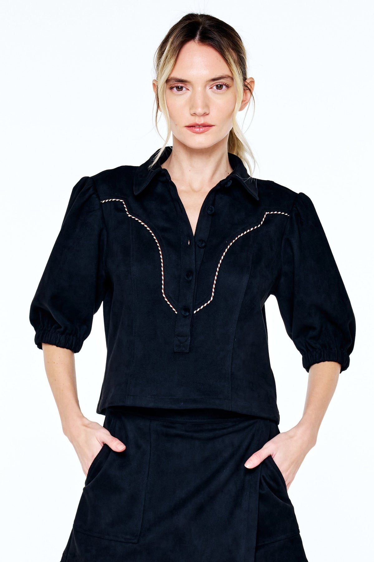 VYNESSA FAUX SUEDE PIPING DETAIL TOP