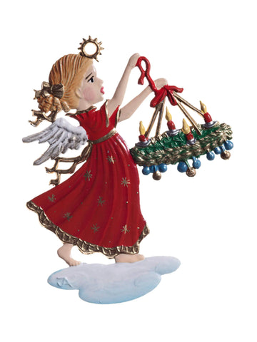 Wilhelm Schweizer Pewter Angel Carrying Christmas Wreath Ornament
