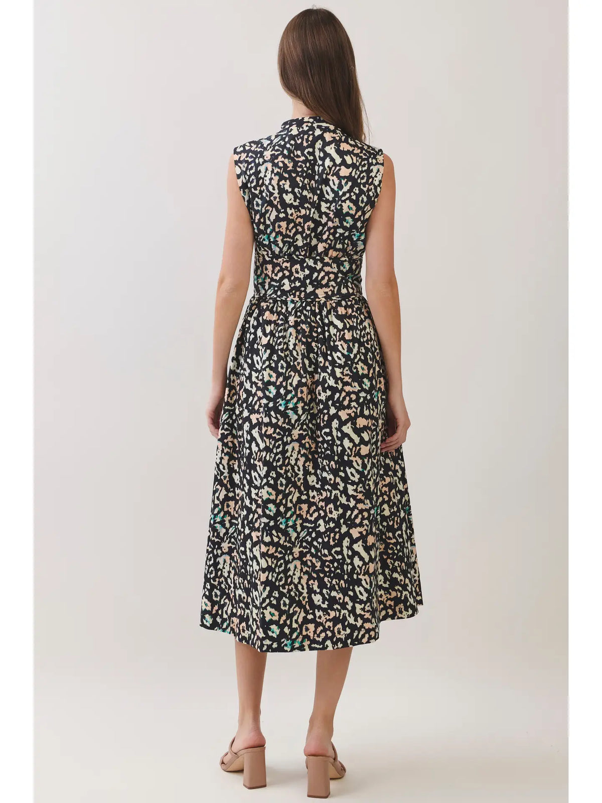 ANIMAL PRINT BELTED SNAP BUTTON CLOSURE MIDI DRESS