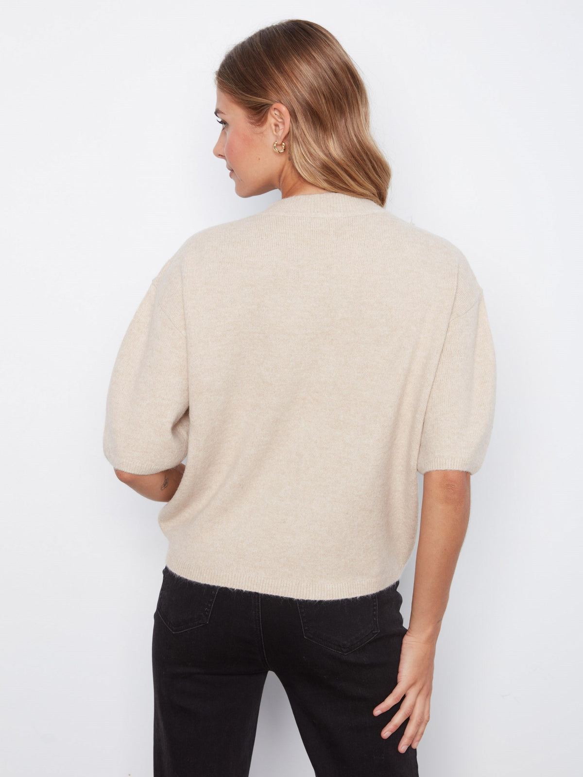 Balloon Elbow Sleeve Jacquard Knit Sweater - Multicolor