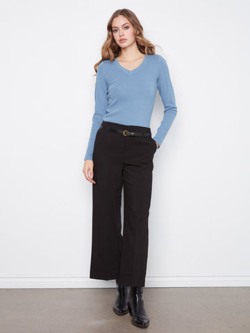 Belted Wide Leg Crepe Pants - Black