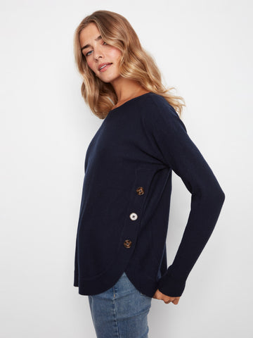 Boat Neck Sweater With Side Buttons - Navy
