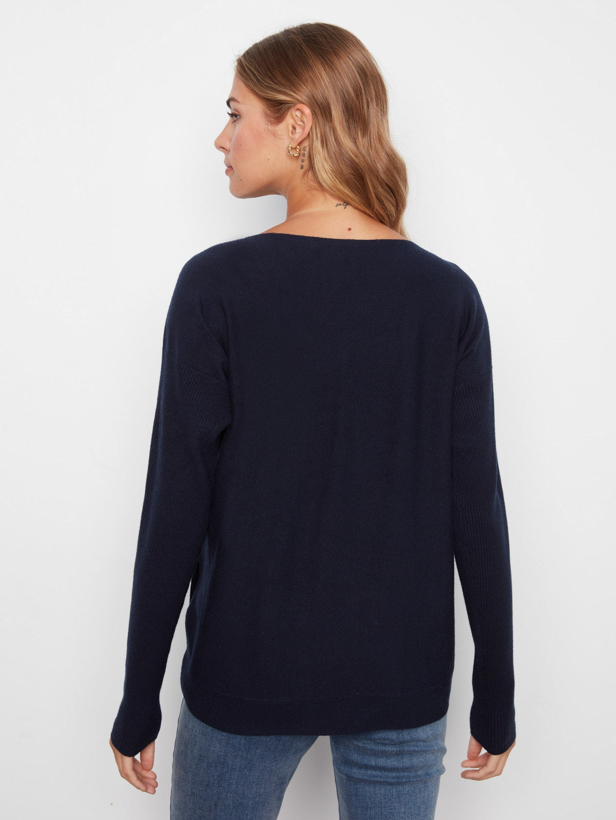 Boat Neck Sweater With Side Buttons - Navy