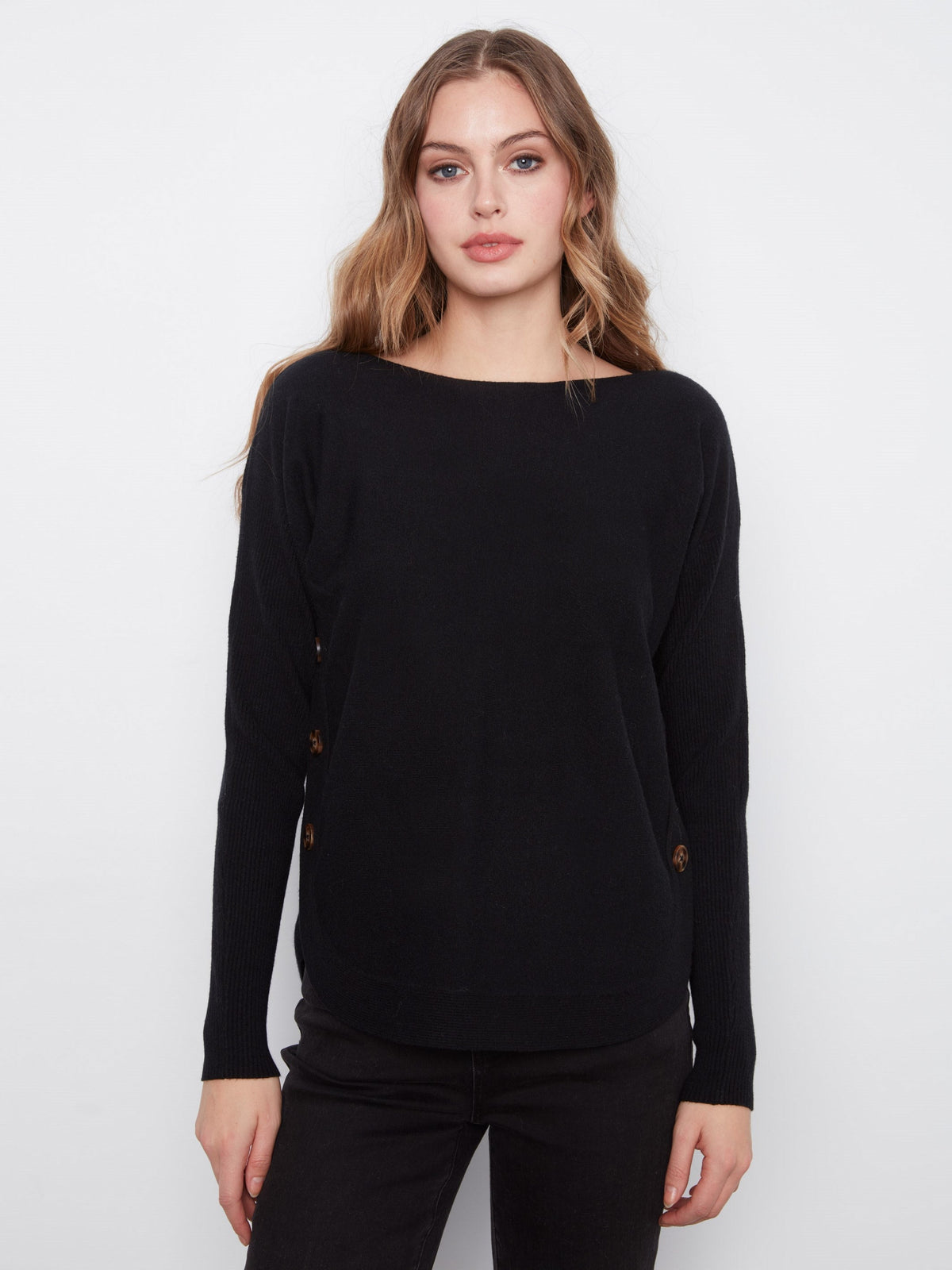 Boat Neck Sweater With Side Buttons - Black