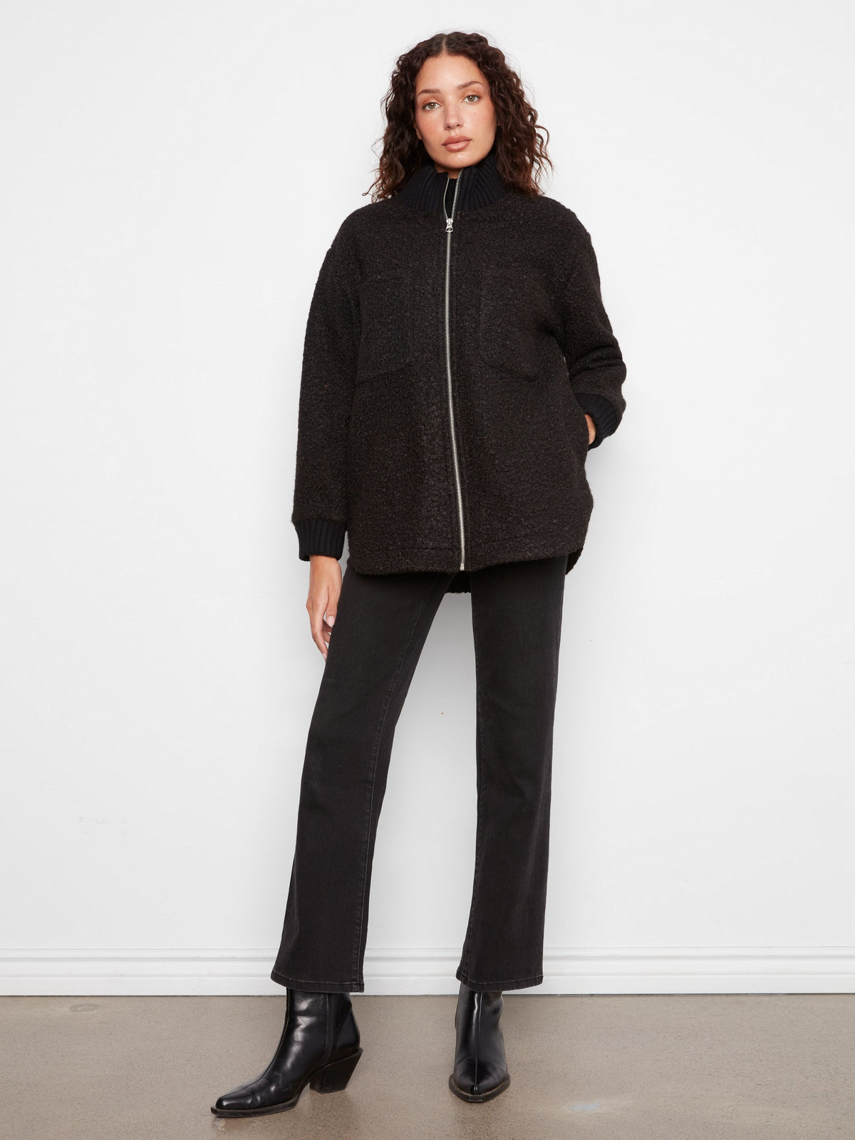Bouclé Zip-Up Jacket - Black