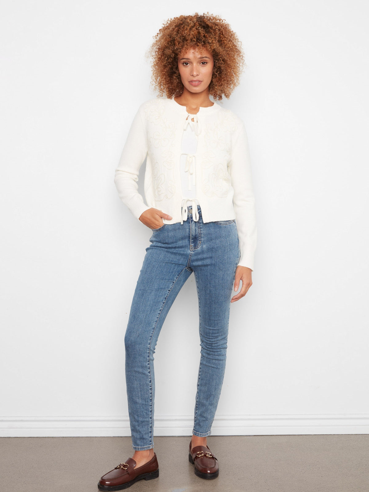 Bow Tie Jacquard Knit Cardigan - Ecru