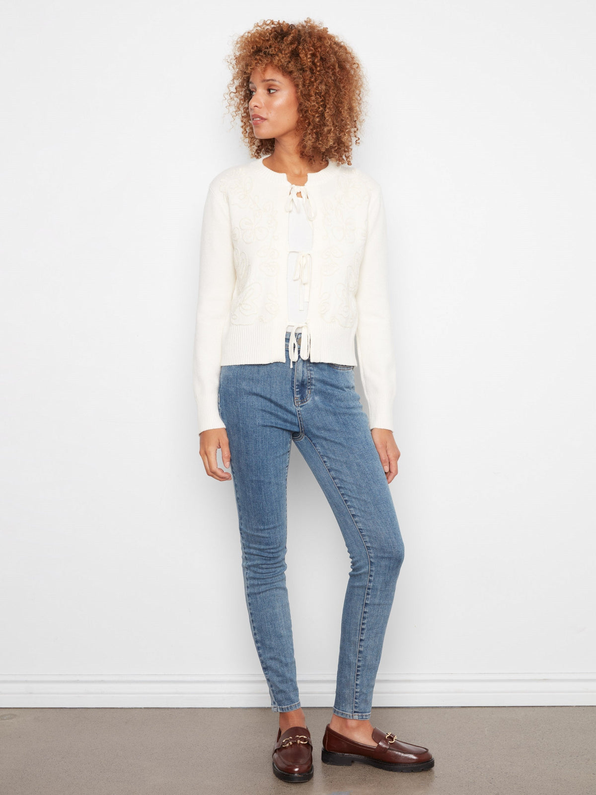 Bow Tie Jacquard Knit Cardigan - Ecru
