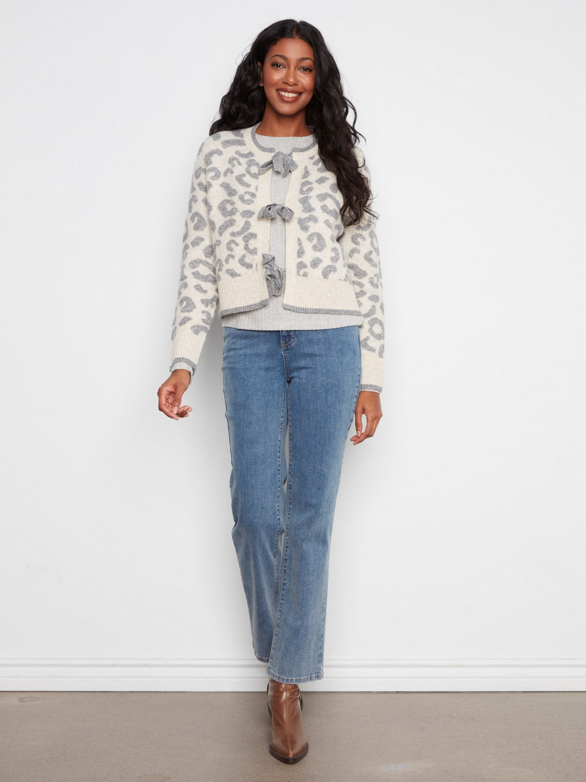 Bow Tie Jacquard Knit Cardigan - Leopard