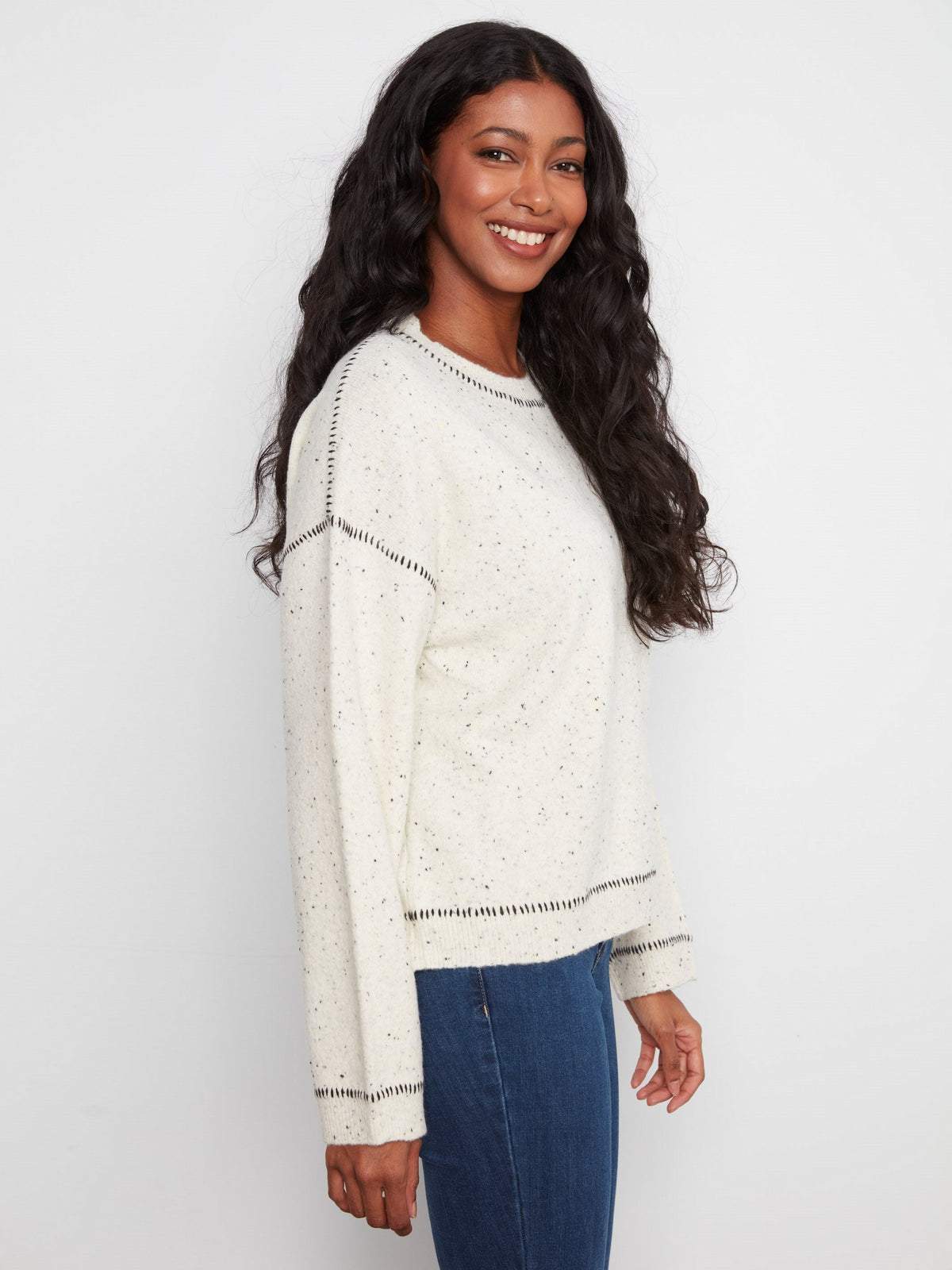 Contrast Whipstitch Sweater - Cookie & Cream